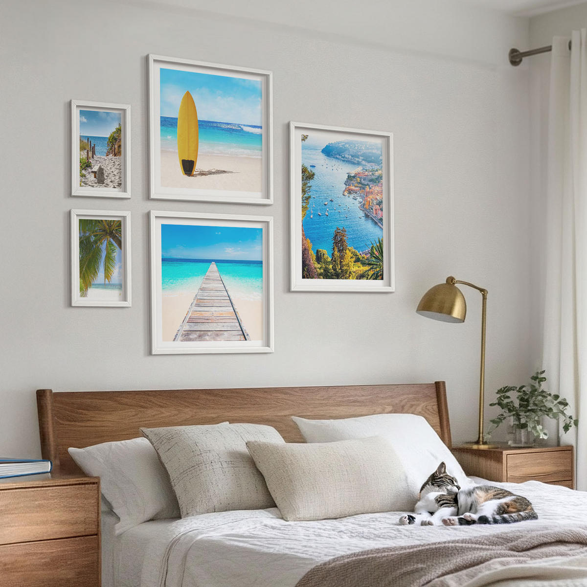 WANDBILDER 5er-Set - 50x50 cm & 20x30 cm & 40x60 cm Weißer Rahmen - Urlaubsblick Strand Palmen - Weiß, Kunststoff (40/60cm) - ArtPrintCave