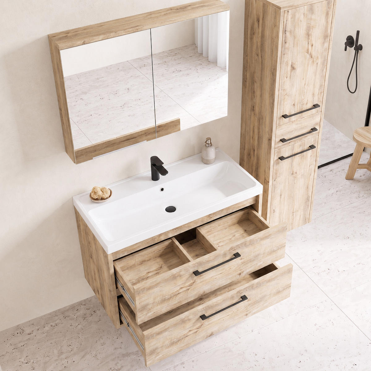 BADMÖBEL-SET Florence 3 Teile Kastanien Eiche - 80 x 40 x 51 cm - Eichefarben, Holz (80/51/40cm) - Badplaats