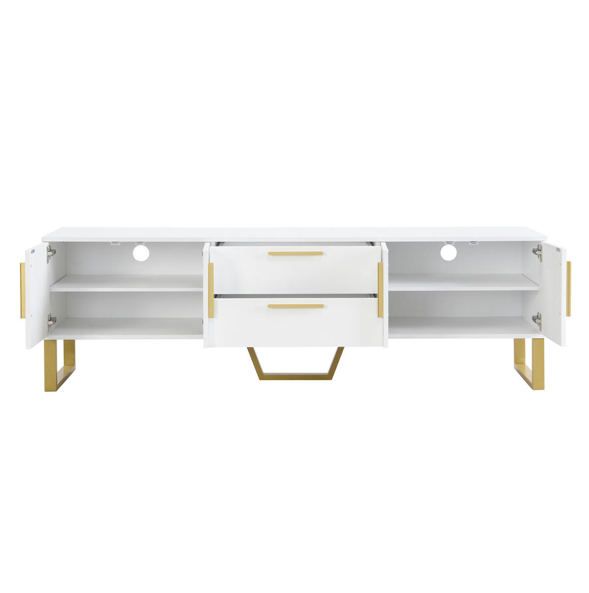 TV-SCHRANK aus MDF 170x40x53,5 cm Weiß/Gold mit 4 Türen, 2 Mittelschubladen und Kabeldurchführung in Hochglanz - Weiß, Holzwerkstoff (170/53.5/40cm) - Modfu