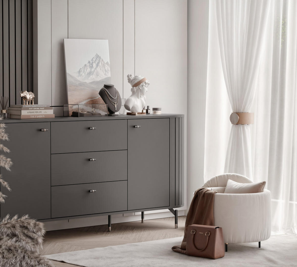 KOMMODE geriffelt, mit drei Schubladen, Schwarz - Schwarz, Holzwerkstoff (190/81/40cm) - Idohome