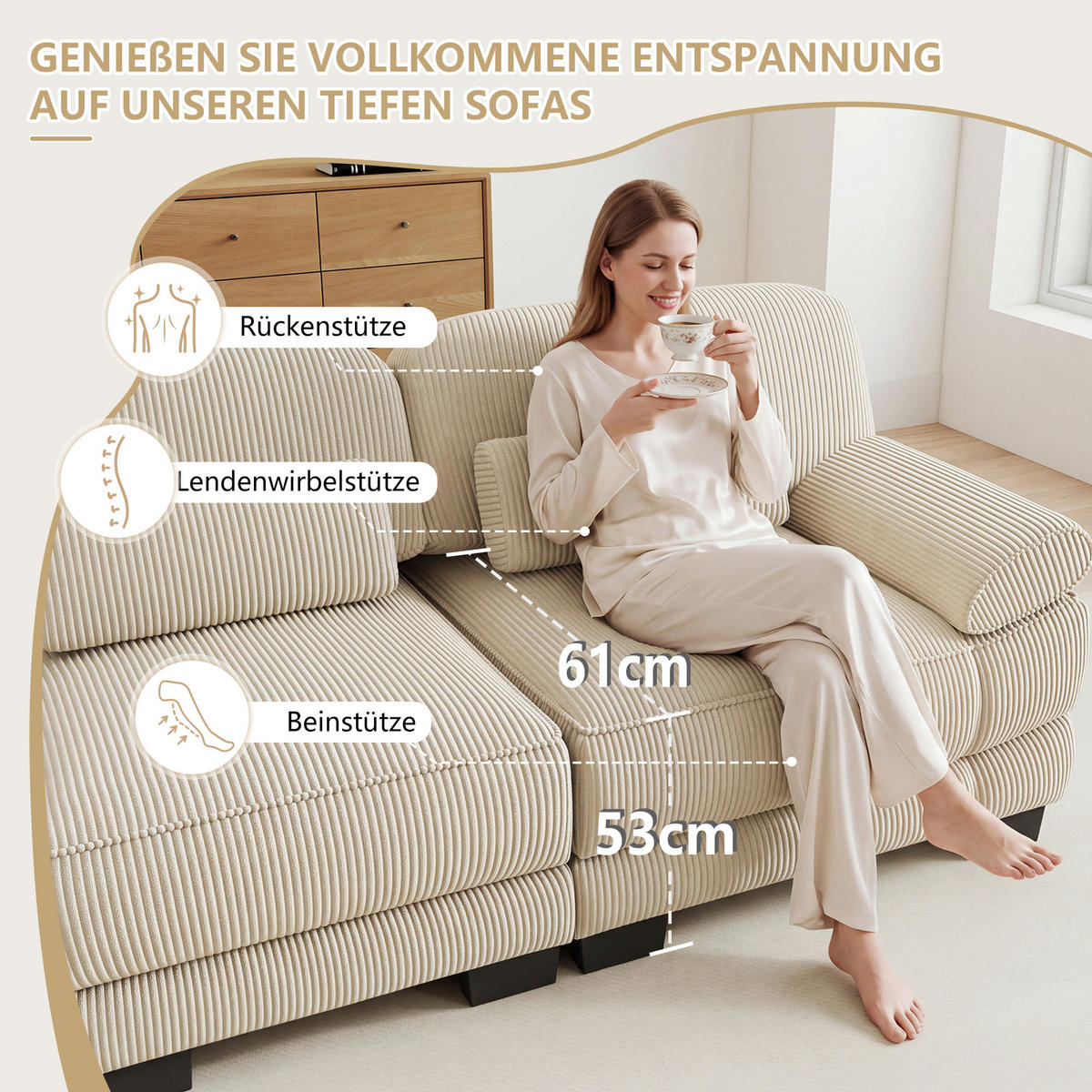 2-SITZER-SOFA modular mit Lendenkissen, DE-42659, Beige - Beige, Holz (194/94/88.5cm) - ComfortXL