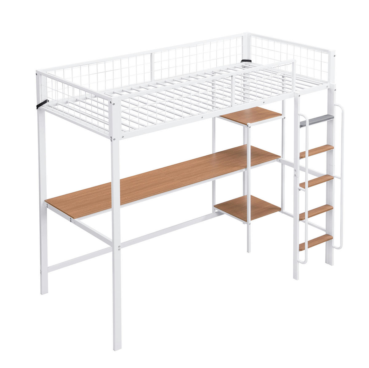 ETAGENBETT aus Metall und Holz 90x200 cm Weiß/Natur mit Schreibtisch, Regalen und 5-stufiger Leiter - Weiß, Metall (90/200cm) - Modfu