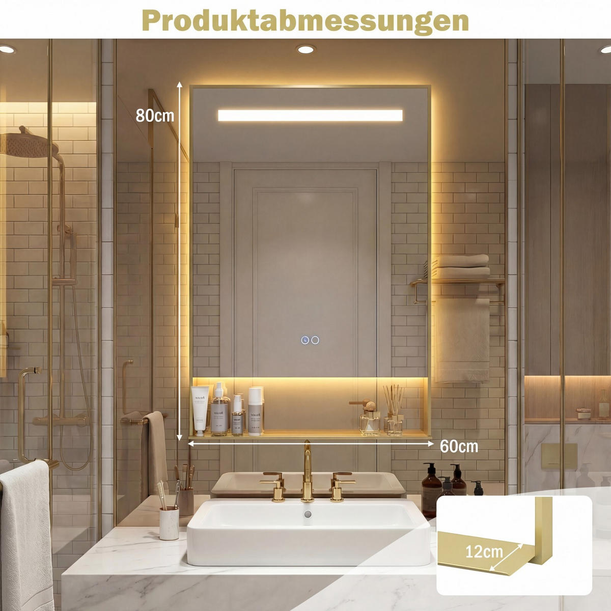 BADSPIEGEL mit Beleuchtung gold - Goldfarben, Glas (60/80/12cm) - COSTWAY