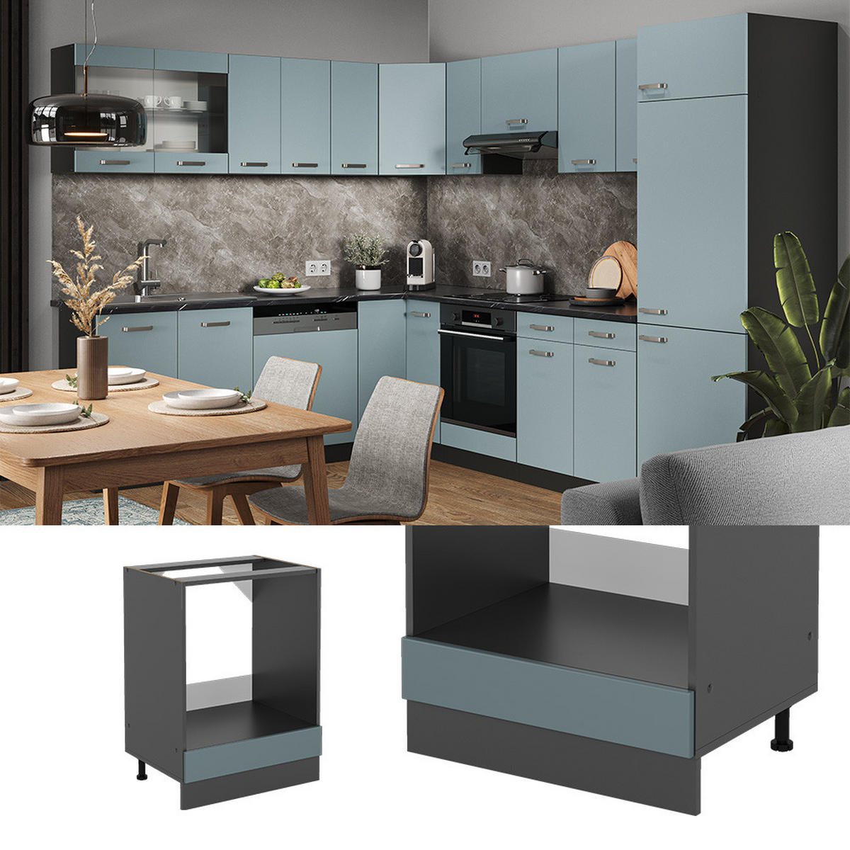 HERDUMBAUSCHRANK R-Line Blau-Grau 60 cm ohne AP - Anthrazit/Blaugrau, Holzwerkstoff (60/81.6/46cm) - Vicco