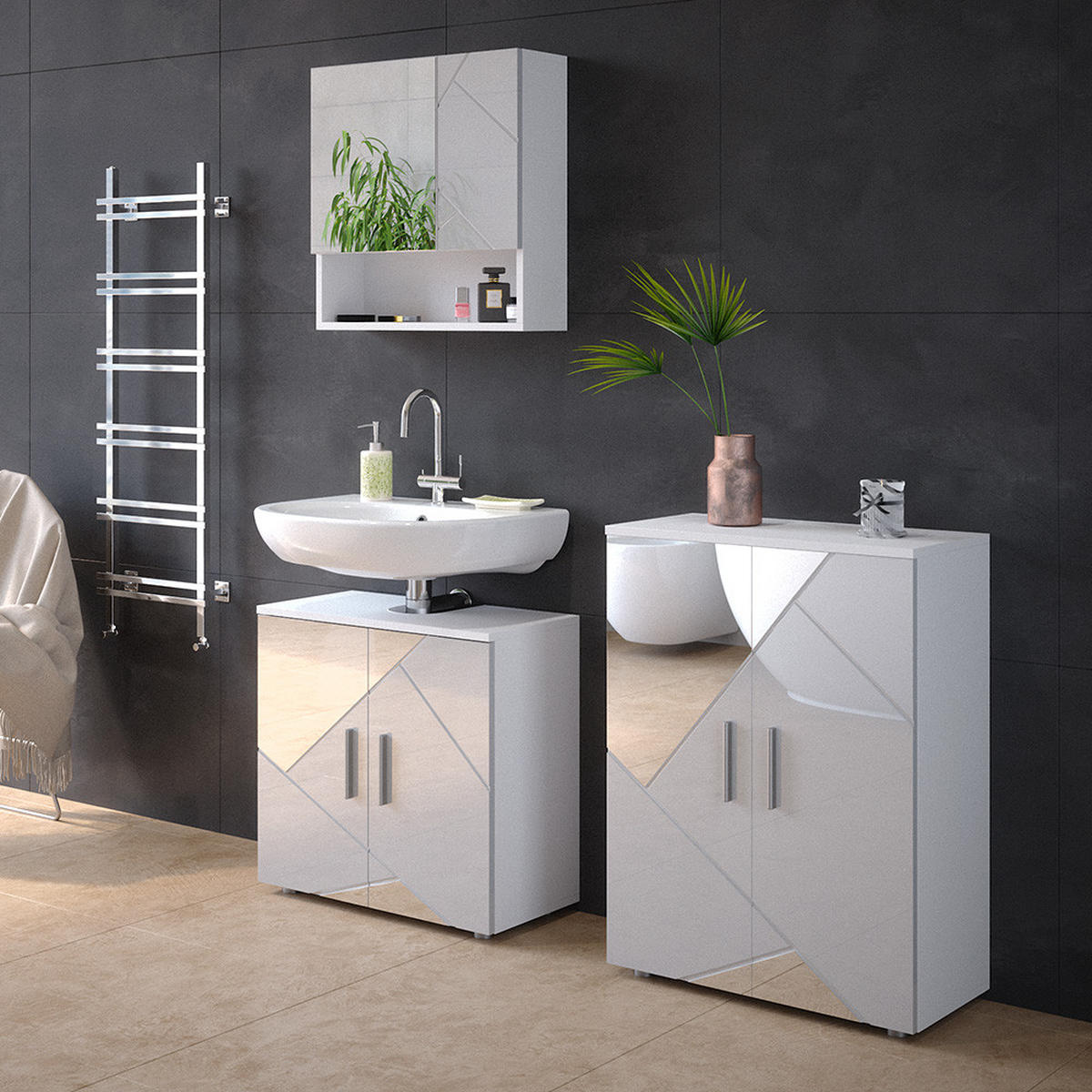 BADMÖBEL-SET Irma Weiß 3 Teile, mit Unterschrank 60 cm - Weiß Hochglanz/Weiß, Holzwerkstoff (80/58.6/41cm) - Vicco