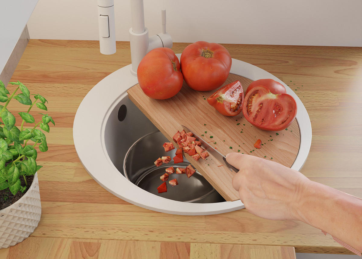 SPÜLBECKEN RUND Pisa, 2-er set Weiß 50/50 cm 1 Becken + Ablauf-Set + Schneidebrett ab 45er Unterschrank - Chromfarben/Beige, Kunststoff (50/20/50cm) - Primagran