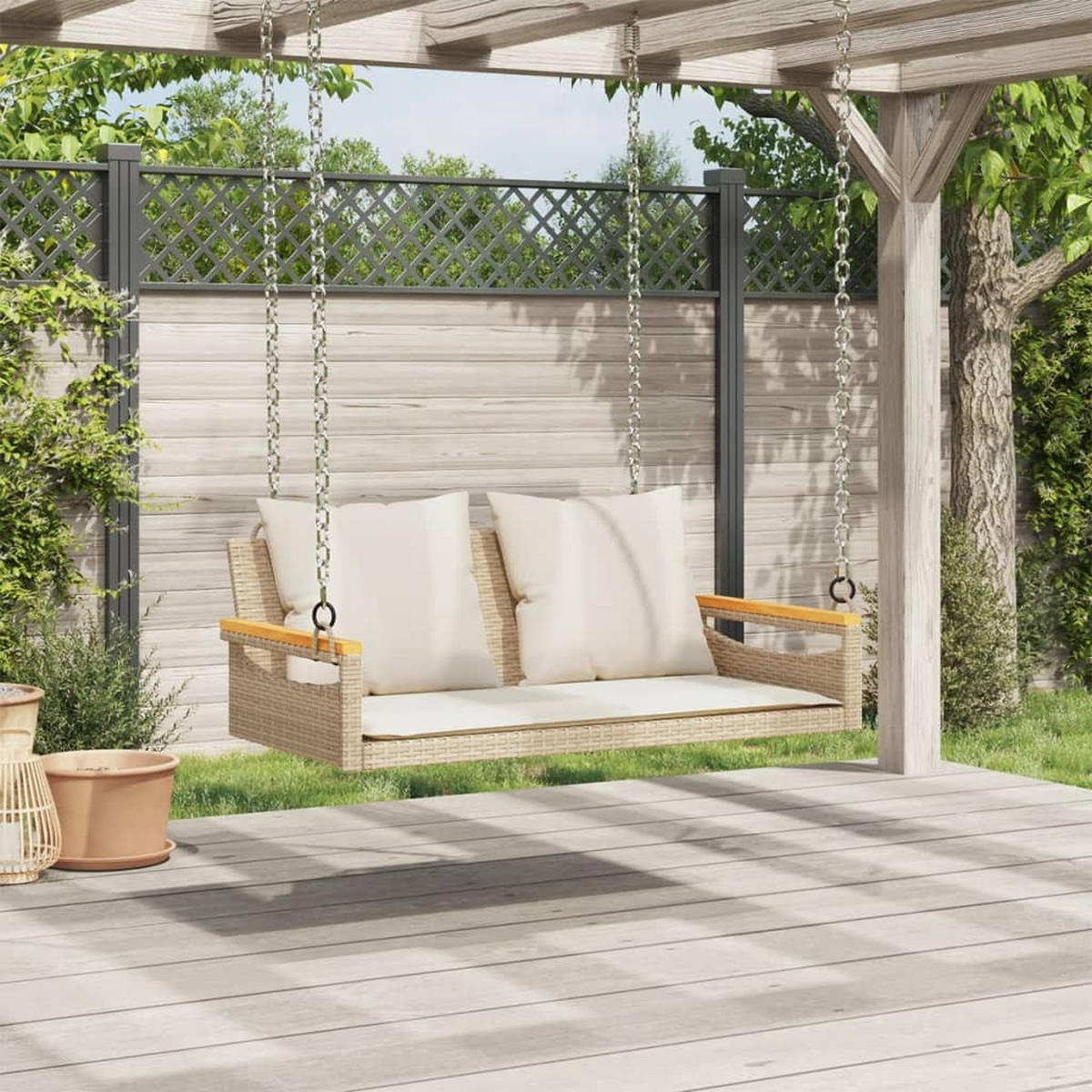 HÄNGEBANK mit Kissen Beige 109x62x40 cm Poly Rattan - Beige, Kunststoff (109/40/62cm) - furnicato