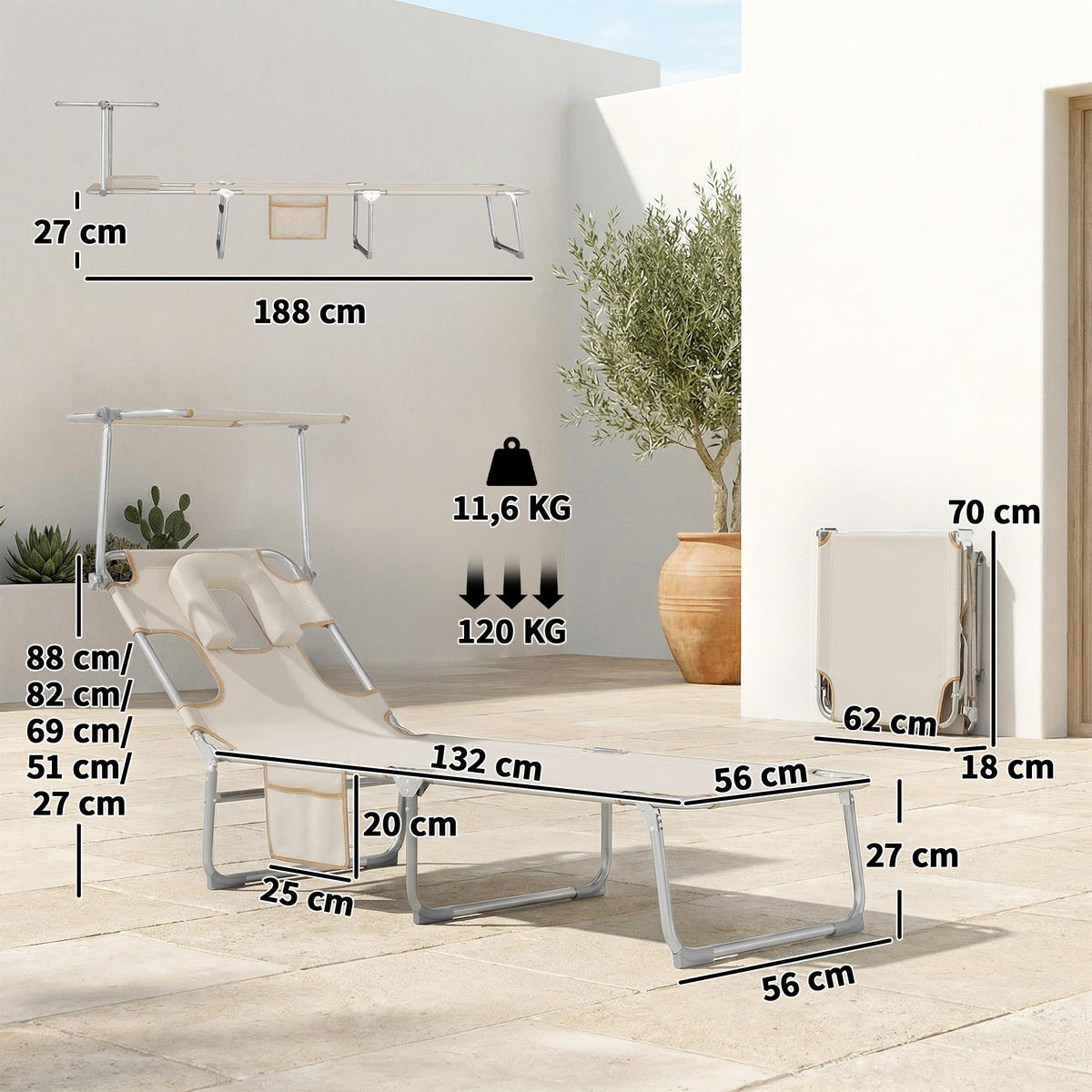 GARTENSONNENLIEGE, 2er-Set, Beige, 360° Sonnendach, Gesichtsöffnung, Seitentasche - Weiß, Metall (188/27/56cm) - Vallsero
