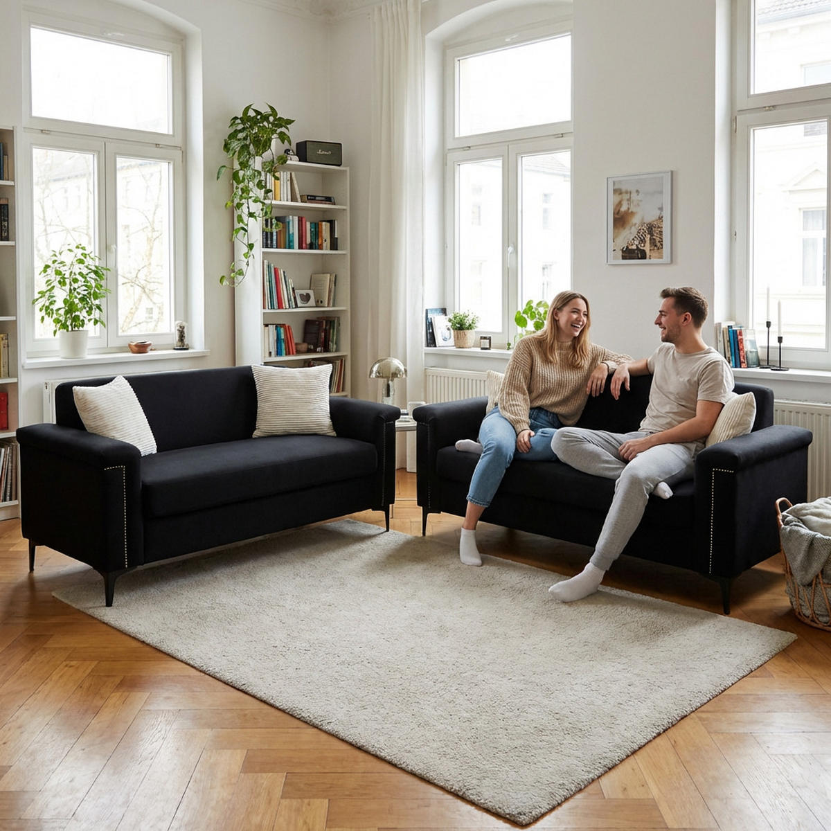 SOFA 2er-Set 172 cm Schwarz Stoff mit Metallfüßen - Schwarz, Holz (73.5/81.5/172.1cm) - Meubliv