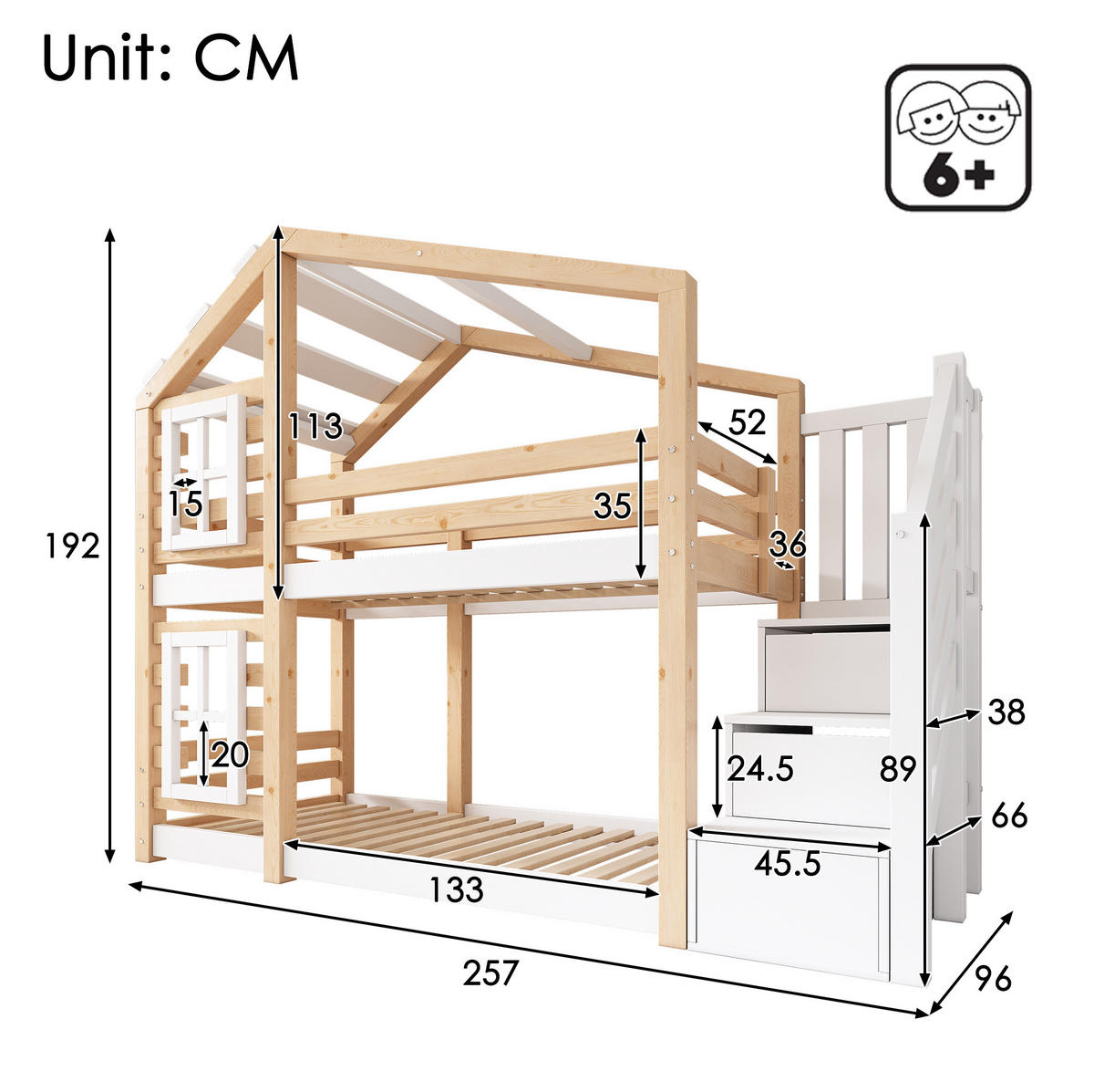 ETAGENBETT Baumhaus 90/200 cm mit Stauraum, Rausfallschutz und Treppenschrank - Naturfarben, Holzwerkstoff (90/200cm) - BEAOK