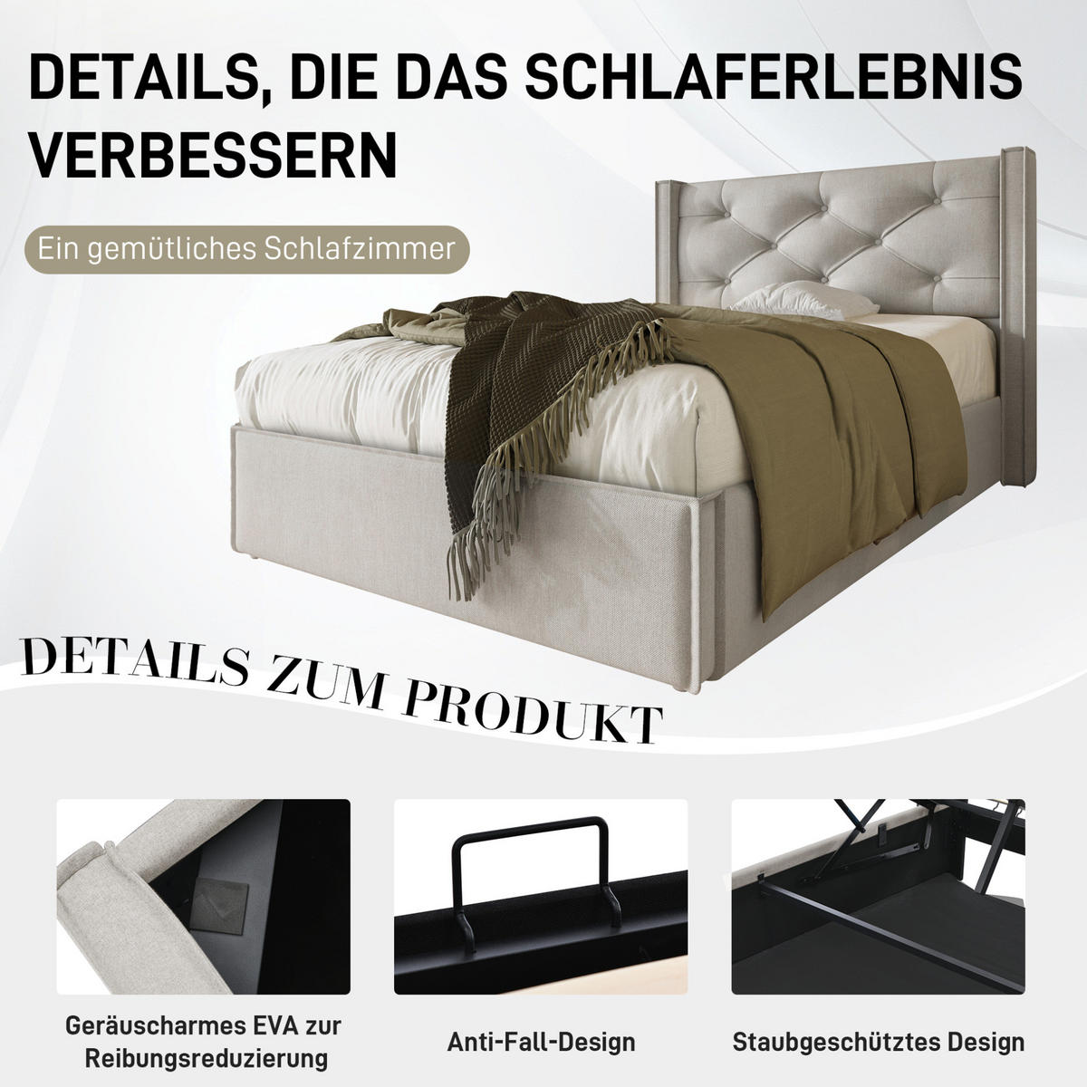 POLSTERBETT 90/200 cm Hellgrau aus Baumwolle mit Bettkasten - Hellgrau, Textil (90/200cm) - OKMYHOME
