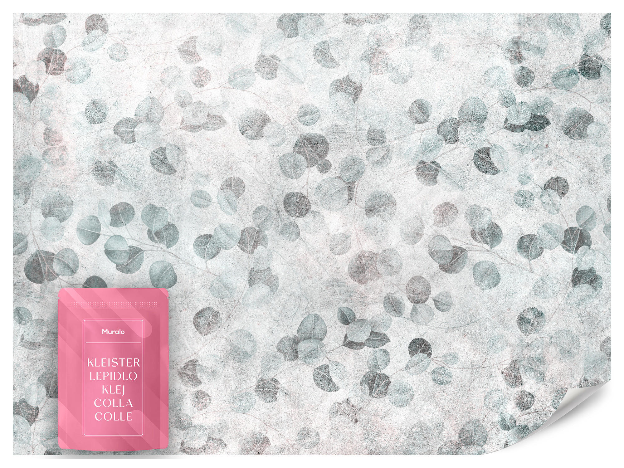 FOTOTAPETE Eukalyptusblätter Beton Vintage Stil 450x315 - Grau/Grün, Papier (450/315cm) - Muralo