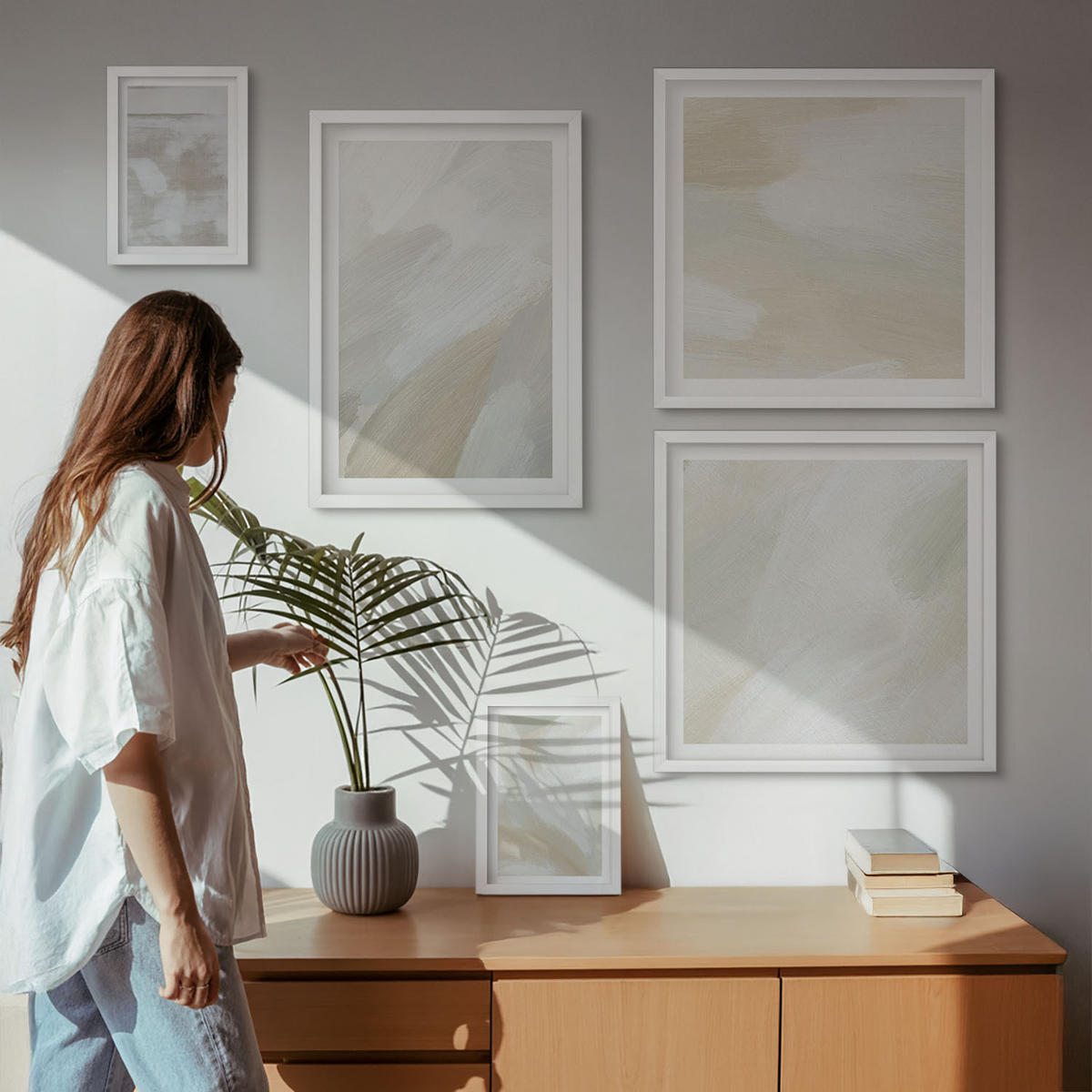 BILDER SET 5er Set - 50x50 cm & 20x30 cm & 40x60 cm Weißer Rahmen - Abstrakte Pinselmalerei auf Leinwand - Weiß, Kunststoff (40/60cm) - TULUP