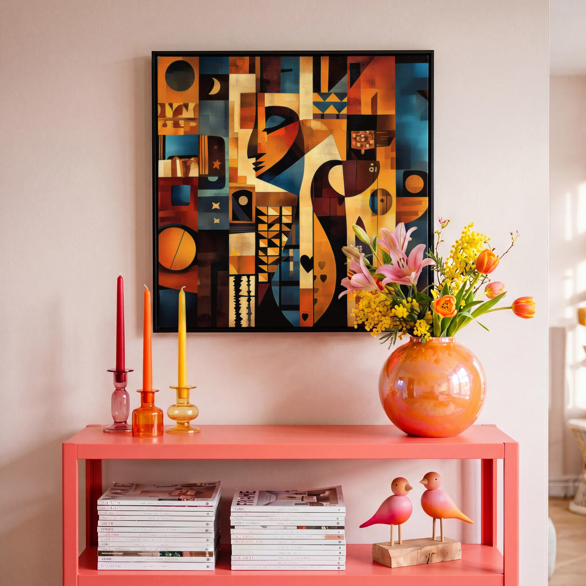 LEINWAND Bilder mit Rahmen - Figuren - Abstrakt - Symbole - 50x50 - Terracotta, Textil (50/50cm) - MuchoWow