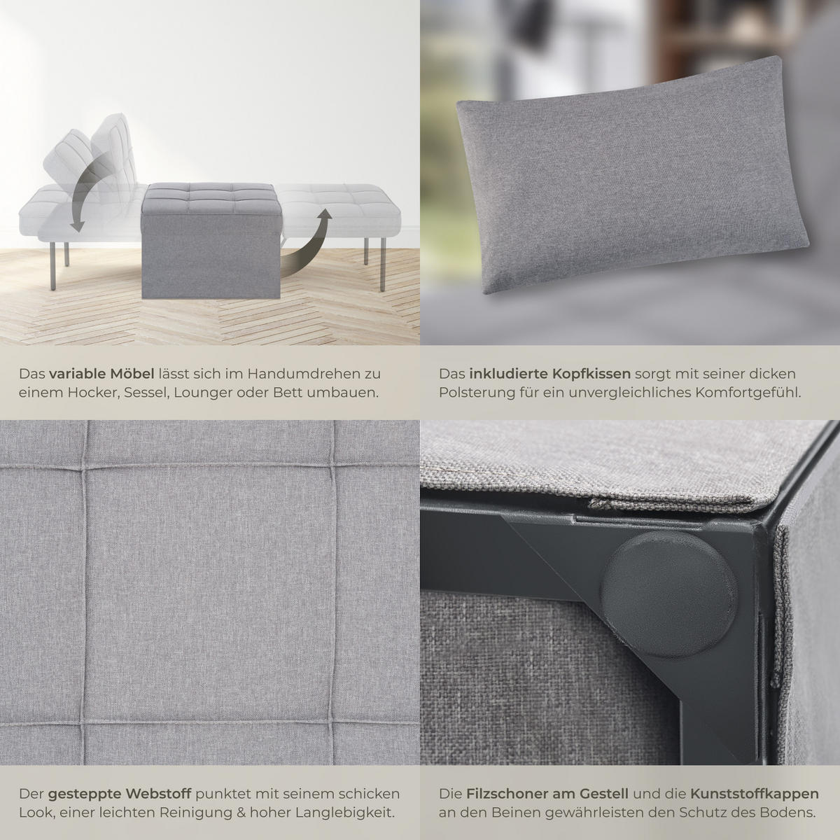 SCHLAFHOCKER Ponto,Belastbarkeit 150 kg ,grau - Grau, Textil (74/79/170cm) - tectake