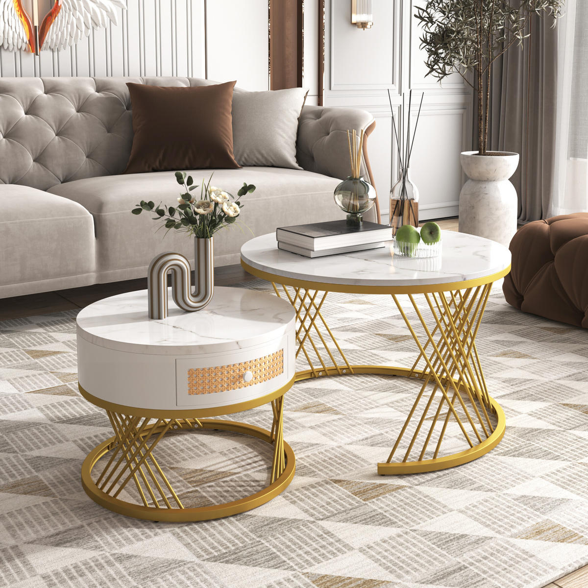 COUCHTISCHSET 2er-Set Rund Weiß - Weiß, Holzwerkstoff/Metall (70/70/45.5cm) - Urban Meuble