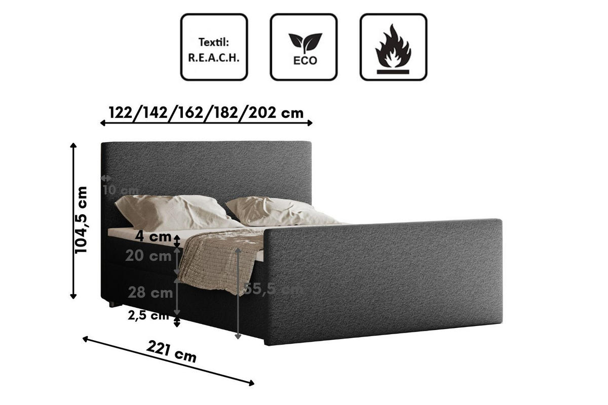 BOXBETT mit Bettkasten Matratze Topper LAGUNE Stoff Loop Graphit 120x200 cm H2-Pocket - Graphitfarben, Holz/Holzwerkstoff (120/200cm) - Kaiser Möbel