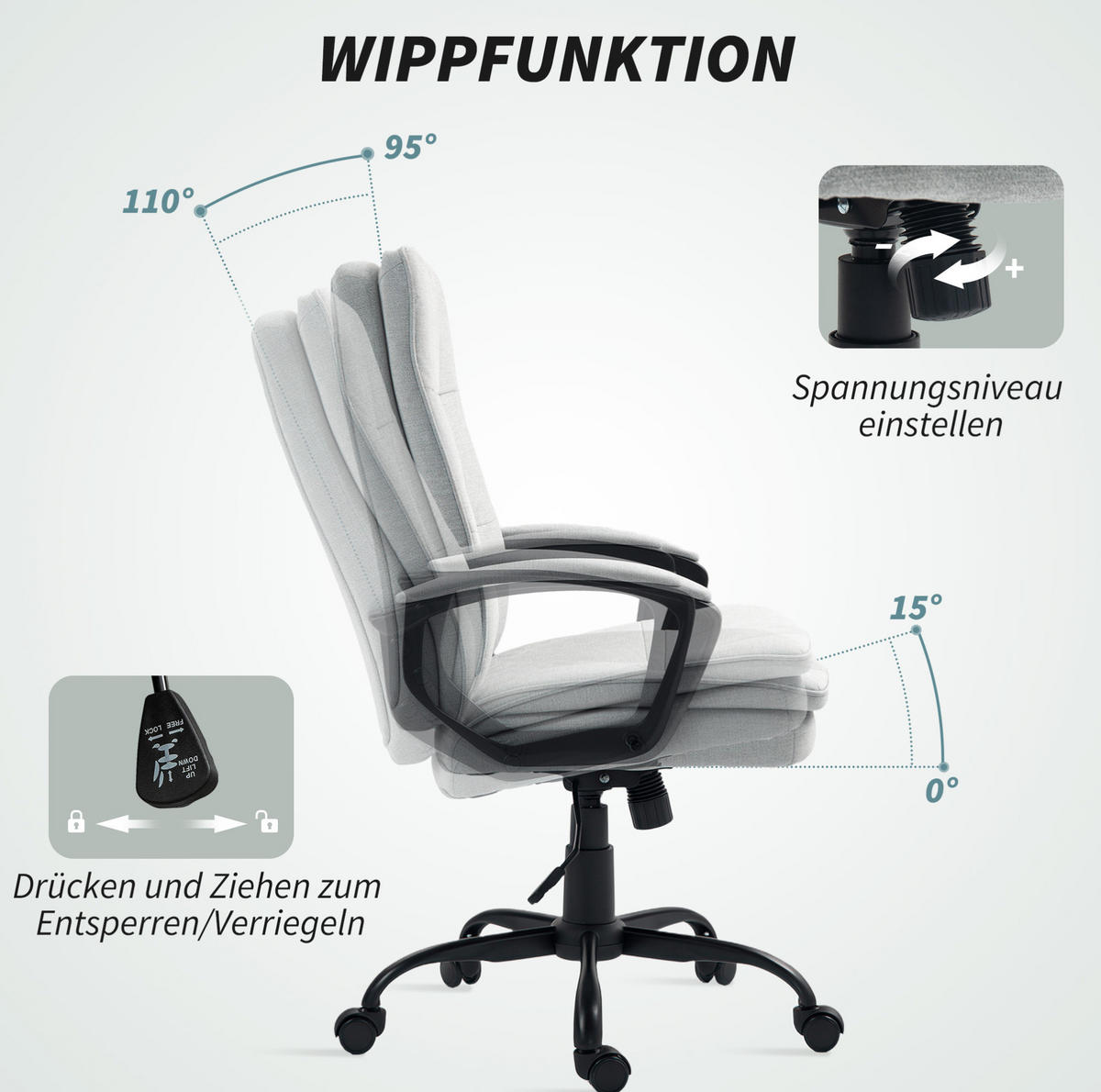DREHSTUHL 70/63/102-112 cm grau aus Polyester mit Wippfunktion - Grau, Kunststoff (63/112/70cm) - OKWISH