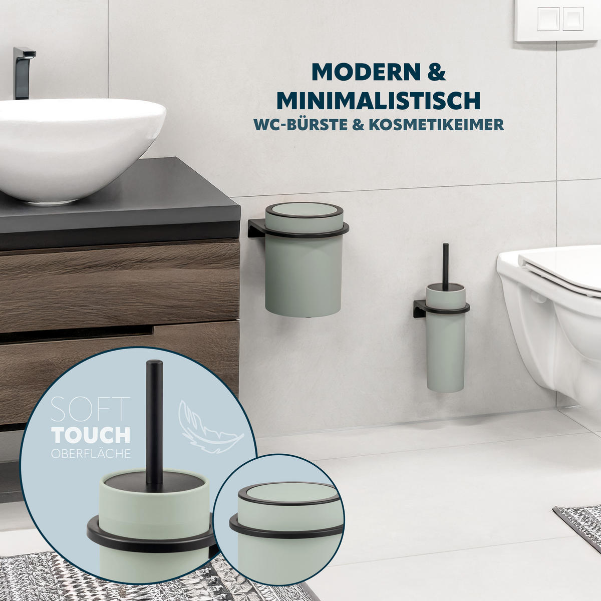 WC-GARNITUR 2-TLG. Bürste u. Eimer SAVONA Softtouch inkl. Wandhalterung, rund - salbei - Salbeigrün, Kunststoff (19/24.5/19cm) - bremermann