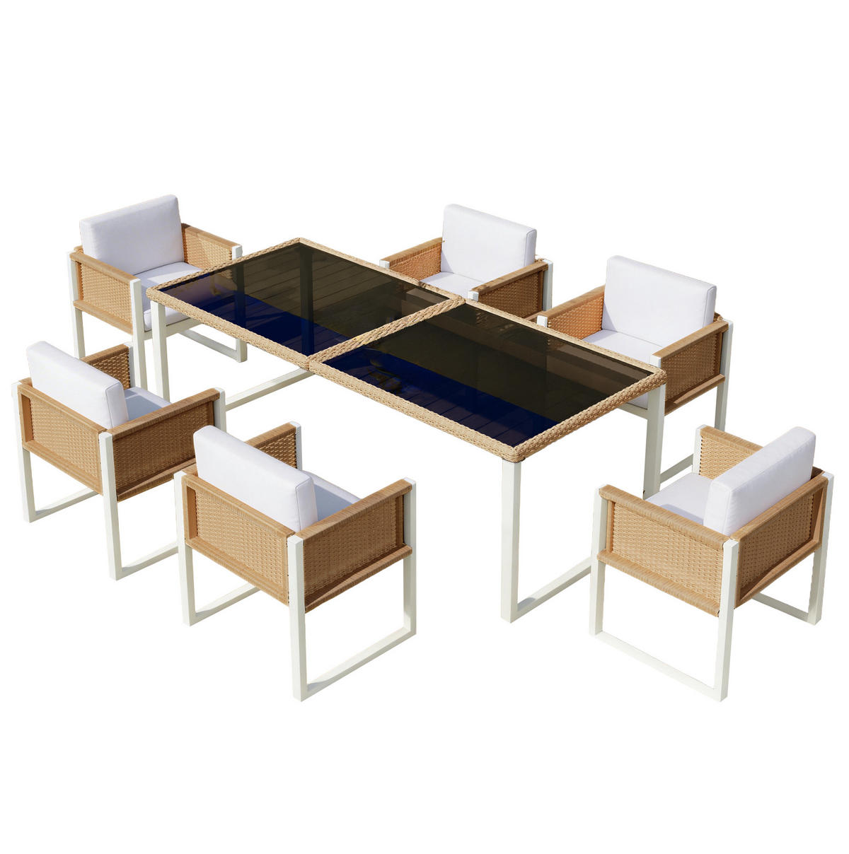 GARTEN-ESSGRUPPE 170/80/75 cm mit 6 Stühlen, gehärteter Glasplatte und abnehmbaren Bezügen, Braun/Weiß - Braun, Naturmaterialien - Redom