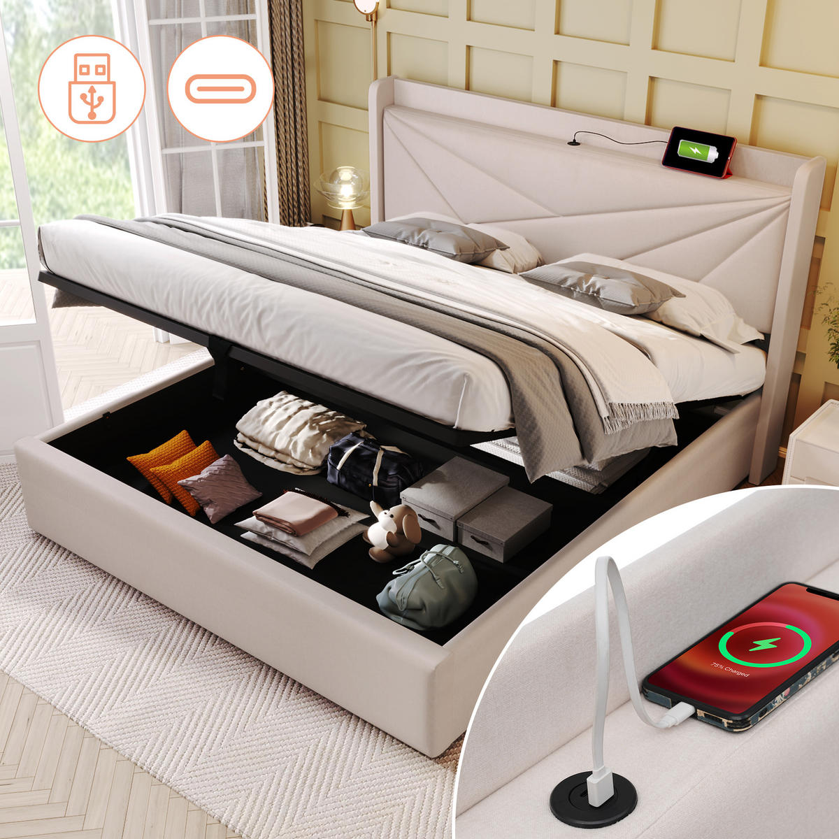 POLSTERBETT 180/200 cm Beige mit Stauraum Bettkasten und USB Typ-C Ladefunktion - Beige, Textil (180/200cm) - OKWISH