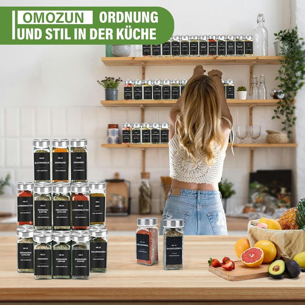 GEWÜRZGLÄSER Set 24 Stück 120ml Eckig mit Streueinsatz und Etiketten - Multicolor, Glas (3.8/10.5/4.4cm)