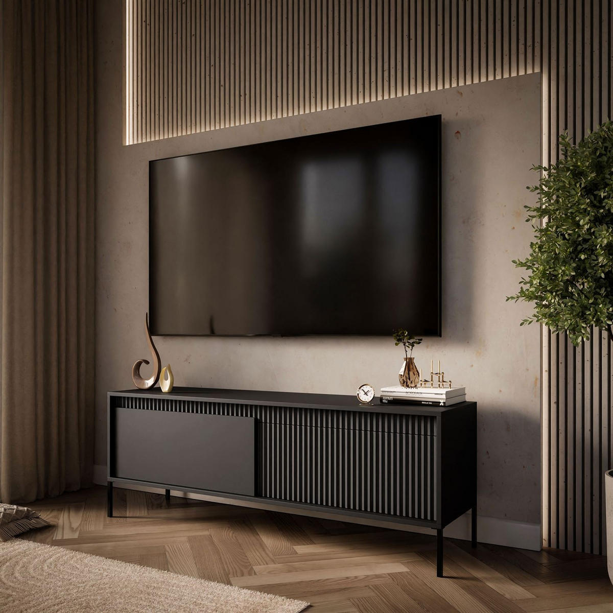 TV-ELEMENT YASUMI 153 cm schwarz matt - Schwarz, Holzwerkstoff (153.5/53.4/39.5cm) - Lookway