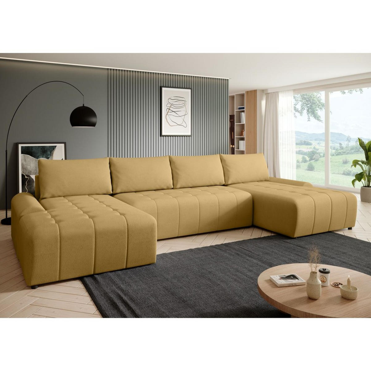 WOHNLANDSCHAFT Costa U Gelb, Velours - Gelb/Schwarz, Kunststoff/Textil (367/80/169cm) - Beautysofa