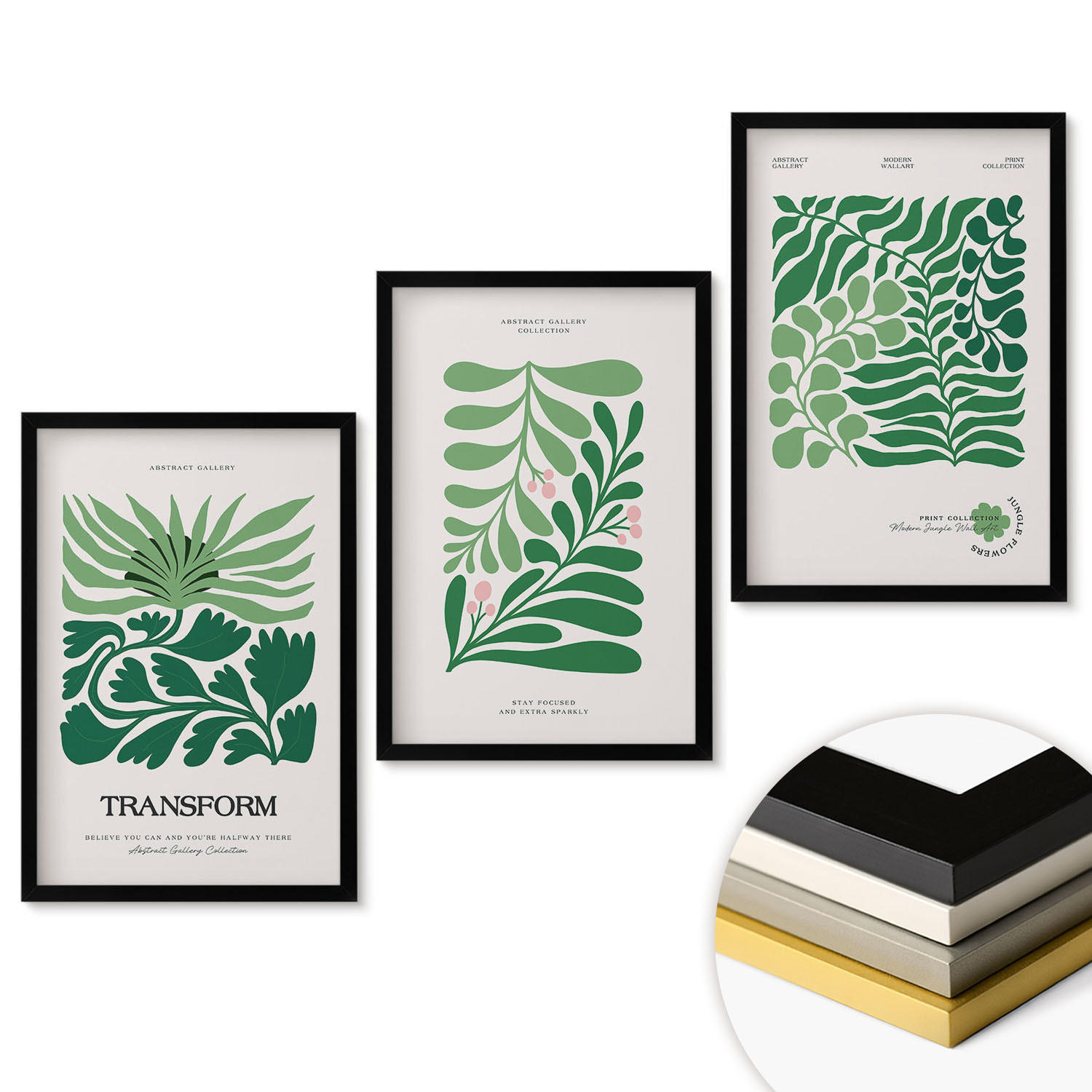 WANDBILDER 3er-Set - 40x60 cm Schwarzer Rahmen - Formen grüner Blätter - Schwarz, Kunststoff (40/60cm) - ArtPrintCave
