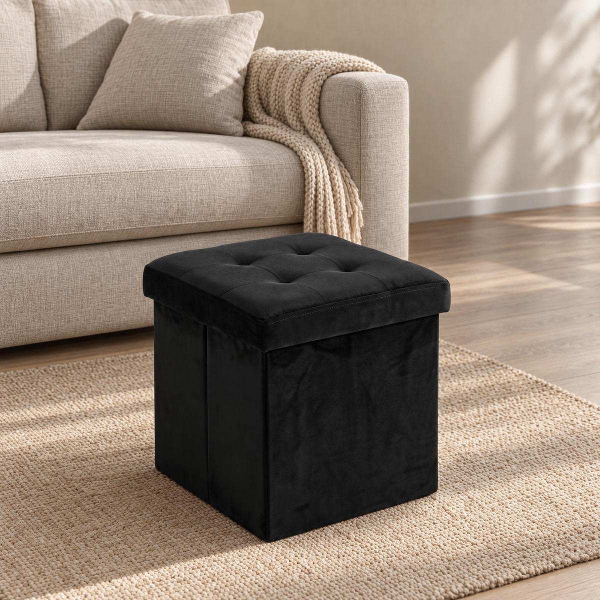 SAMTSTOFFHOCKER mit Stauraum 38/38/38 cm - Schwarz, Textil (38/38/38cm) - SCENA LIVING