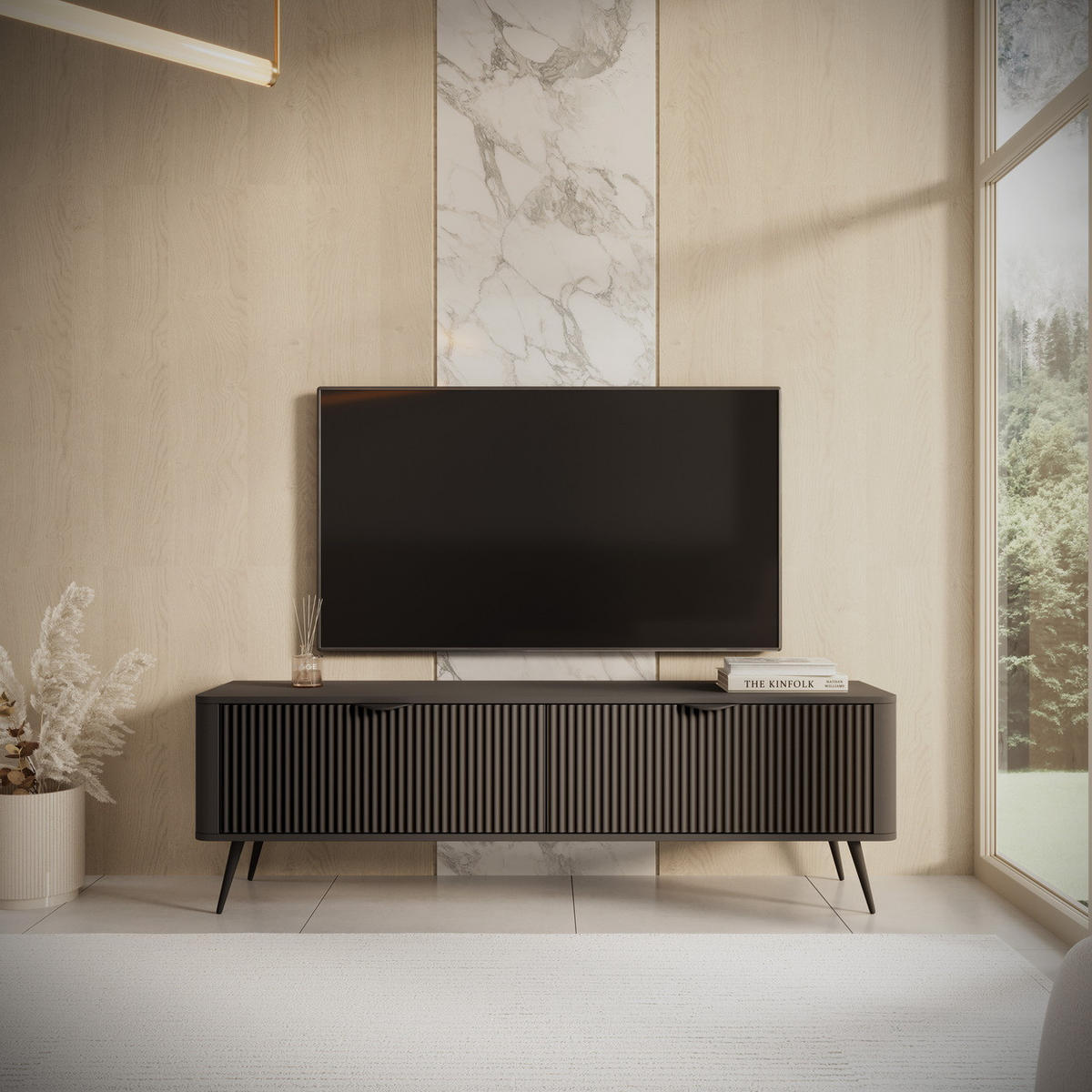 TV Schrank 163 cm Brando auf Beinen, 2 Türen, Schwarz - Schwarz, Holz/Metall (163/51/38cm) - Emporius