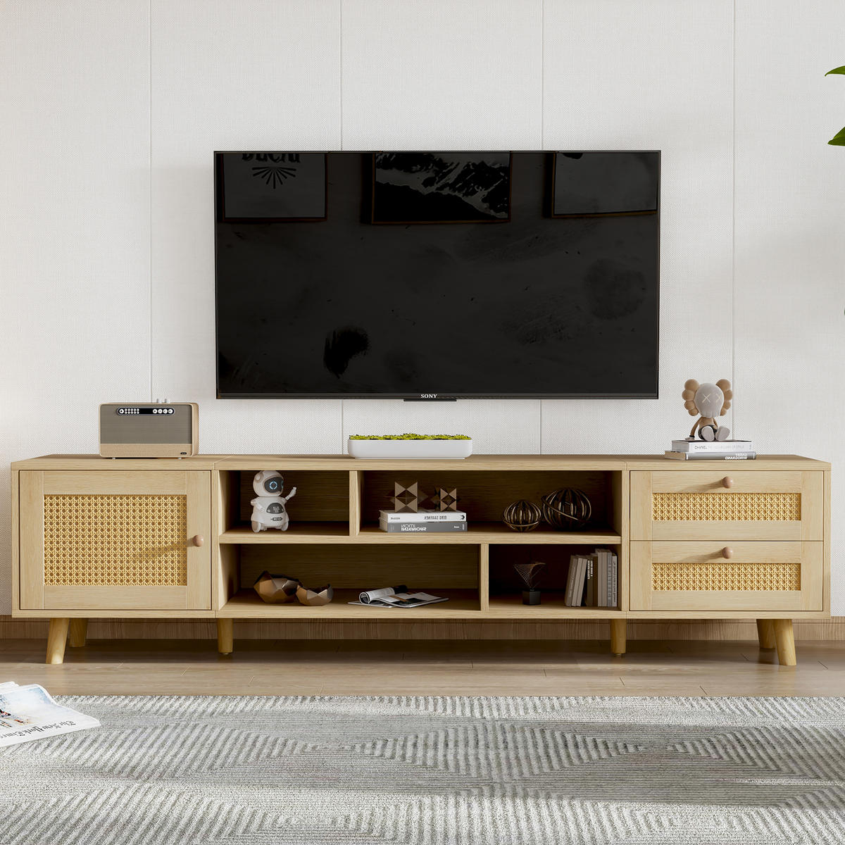 TV-LOWBOARD in Eiche-Optik mit Rattanfront 160/39/40.5 cm - Naturfarben, Holzwerkstoff (160/40.5/39cm) - Redom