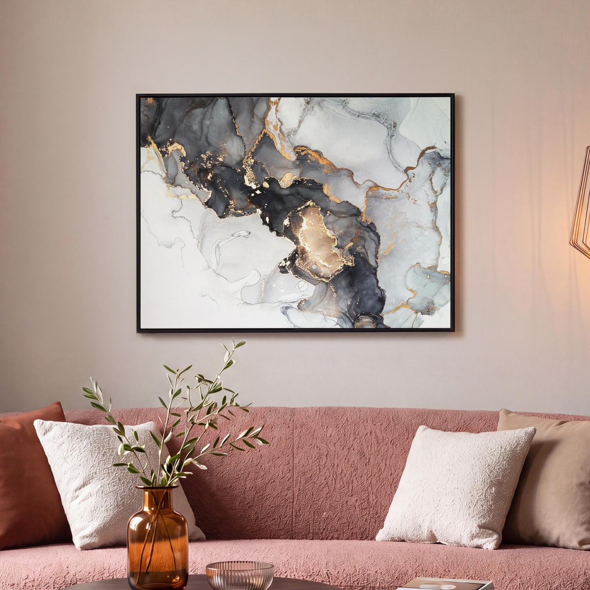 LEINWAND Bilder mit Rahmen - Marmor - Schwarz - Weiß - Gold - Luxus - Abstrakt - 70x50 - Goldfarben, Textil (70/50cm) - MuchoWow