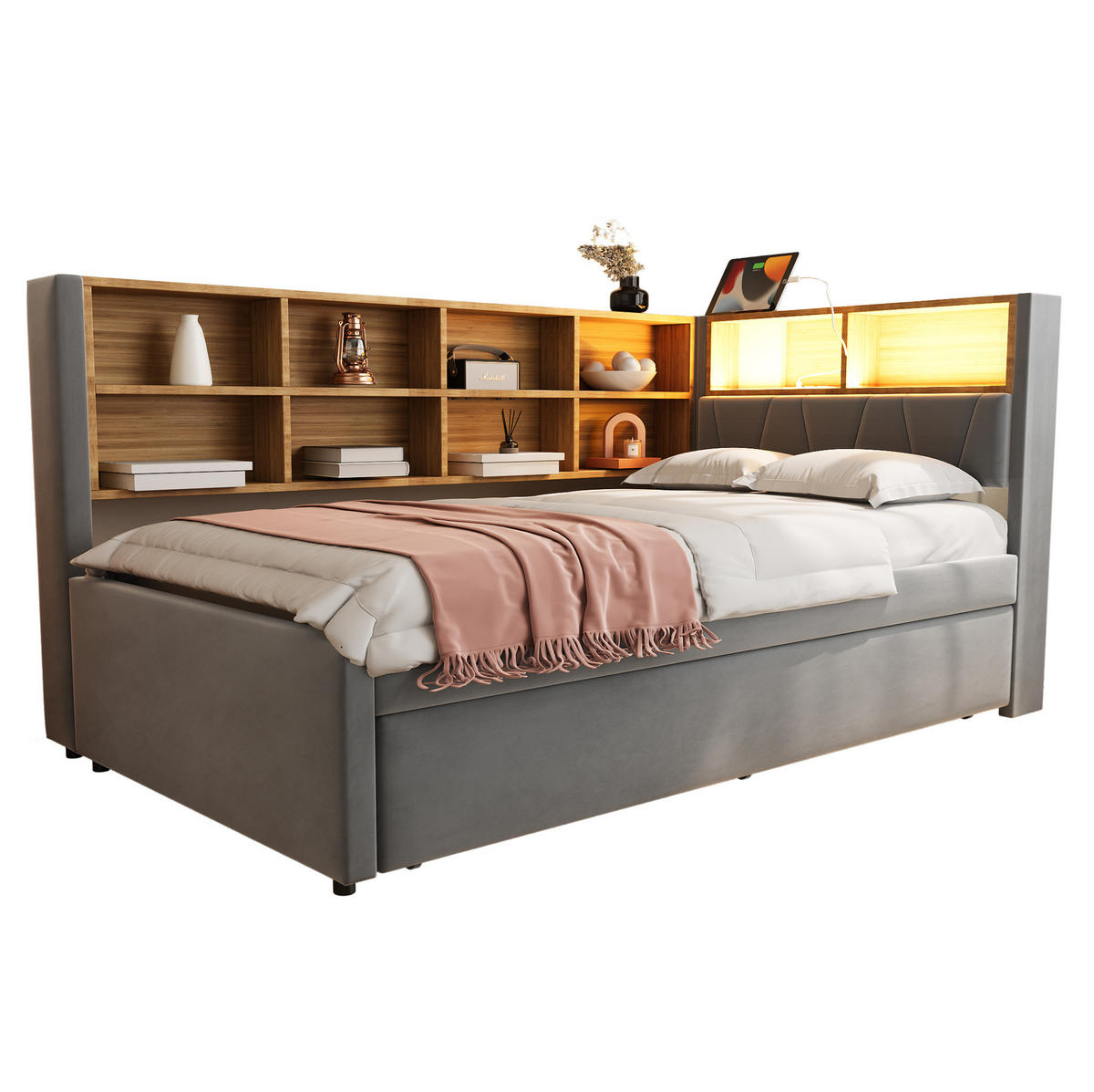 POLSTERBETT 90/200 cm Dunkelgrau mit Stauraum, LED-Beleuchtung und USB/Type-C - Dunkelgrau, Textil (90/200cm) - Flora Grace
