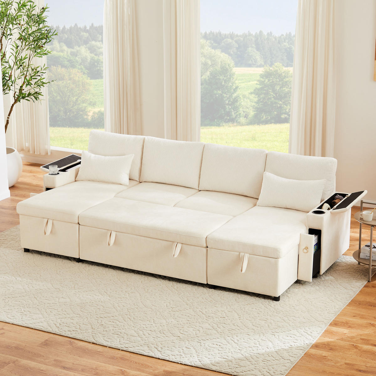 SCHLAFSOFA 272x131x84 cm aus Chenille & Cord mit Stauraum, beige - Beige, Textil (131/84/272cm) - Luhomfu