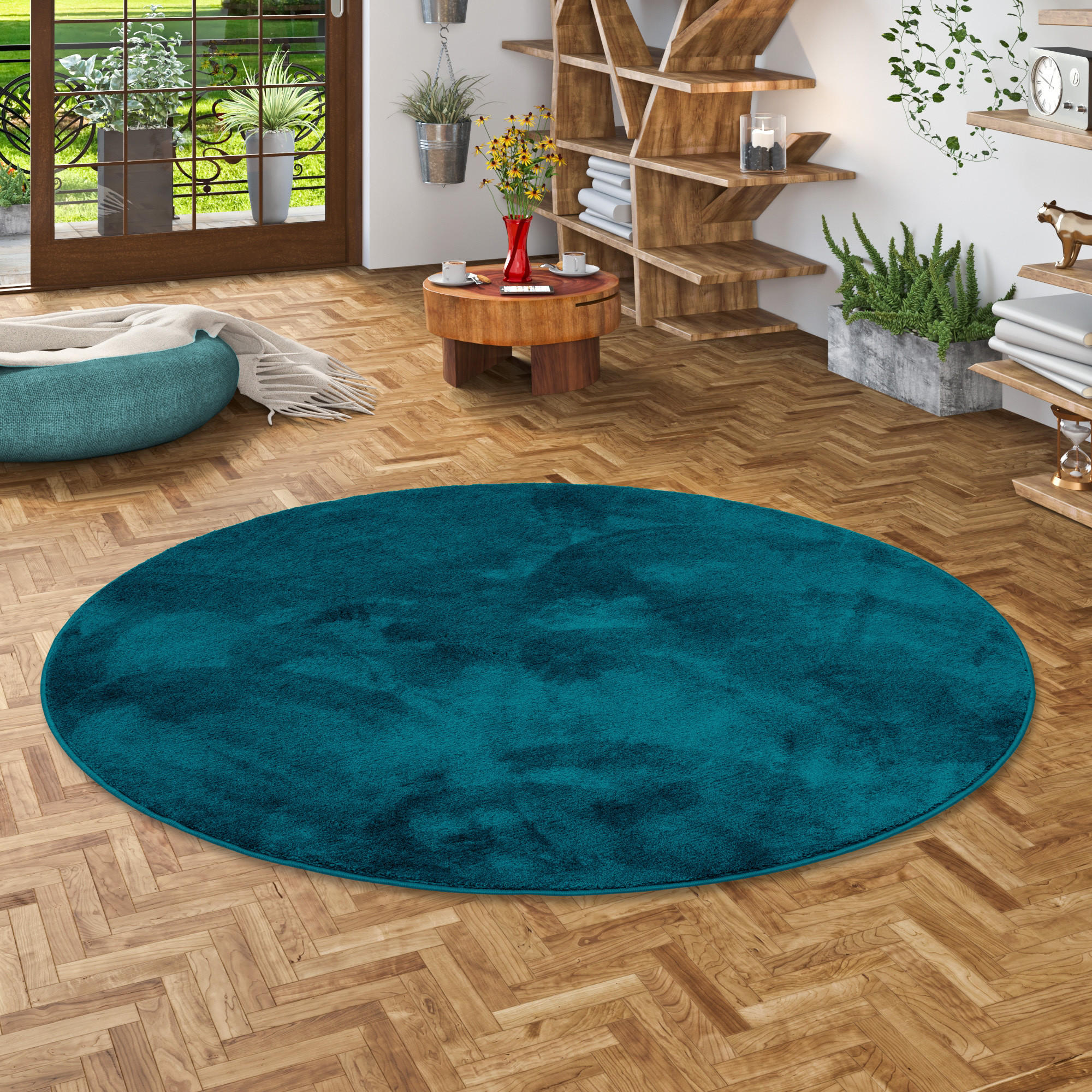 LUXUS SUPER SOFT HOCHFLOR LANGFLOR TEPPICH DELUXE RUND - Petrol, Textil (133/133cm) - Snapstyle