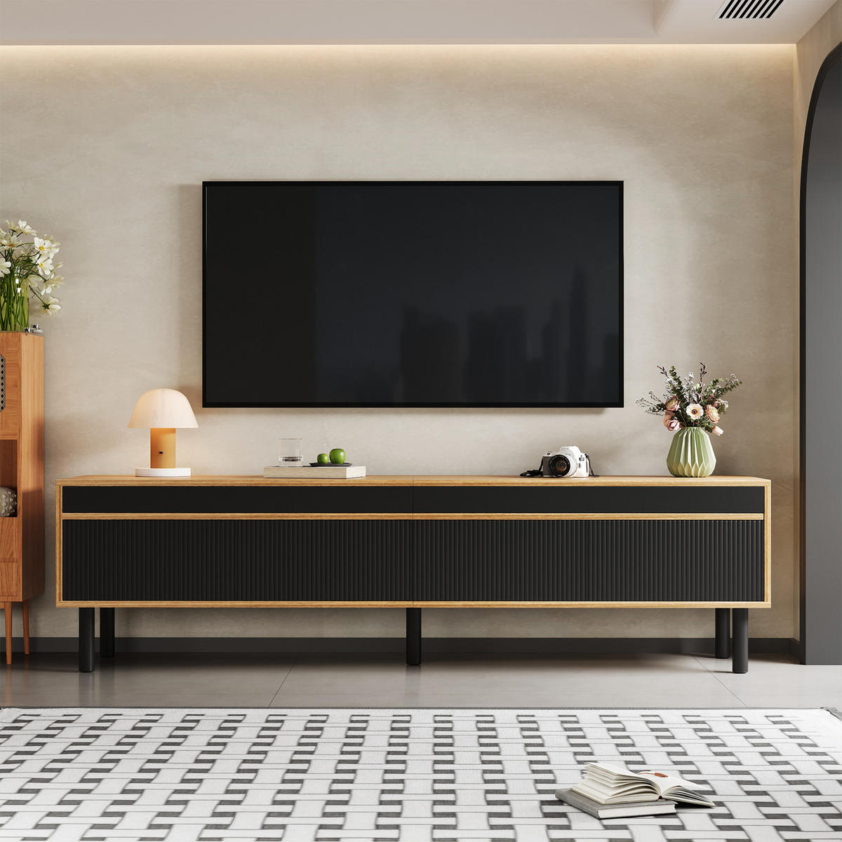 TV Lowboard 170x38x47,7 cm, 4 Türen, Schwarz Natur - Schwarz, Holz (170/47/38cm)