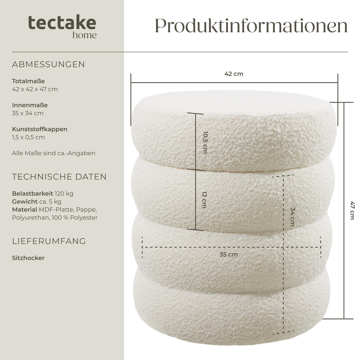 SITZHOCKER mit Stauraum Altu,42 x 42 x 47 cm,Bouclé creme-weiß - Creme/Weiß, Holz (42/47/42cm) - tectake