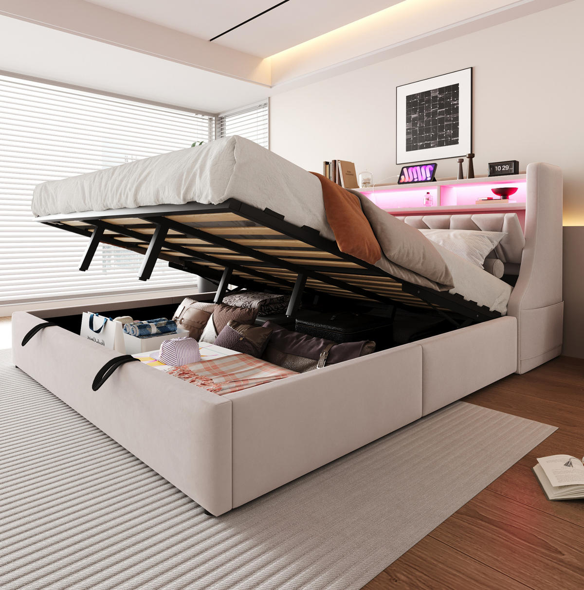 ČALÚNENÁ posteľ 180/200 cm s LED osvetlením, úložným priestorom a zásuvkami USB/Typ-C, Béžová - béžová, textil (180/200cm) - Redom