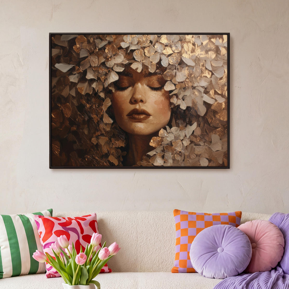 LEINWAND Bilder mit Rahmen - Gesicht - Dame - Blätter - Pinselstriche - 100x70 - Goldfarben, Textil (100/70cm) - MuchoWow