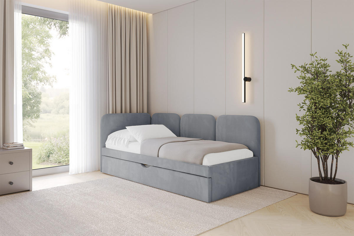 EINZELLBETT Jugendbett mit Bettkasten, Rechts - ALVY 80x200 Grau - Grau, Holzwerkstoff/Textil (80/200cm) - ALTDECOR