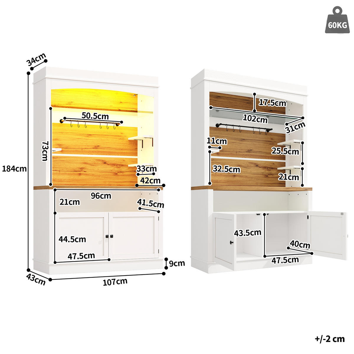 BUFFET 2er Set LED 184cm Glasregal Hakenleiste Weiß - Weiß, Metall (107/184/34cm) - FLIEKS