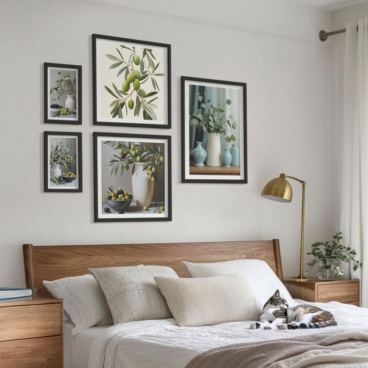 BILDER SET 5er Set - 50x50 cm & 20x30 cm & 40x60 cm Schwarzer Rahmen - Oliven in Vasen in gedeckten Farben - Schwarz, Kunststoff (40/60cm) - TULUP