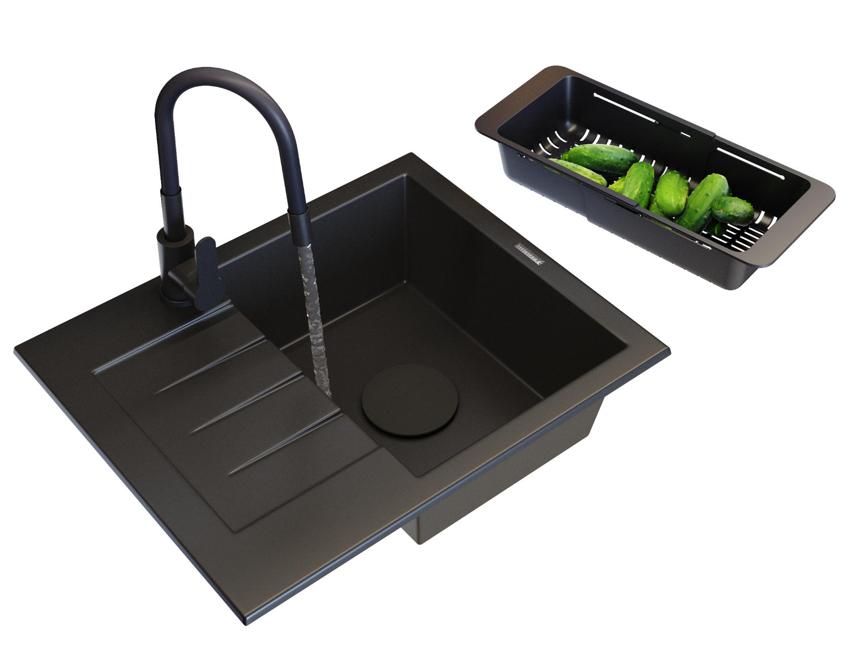 SPÜLBECKEN MILANO mit Batterie Siphon - Schwarz, Kunststoff/Stein (46/16/57cm) - Granitan