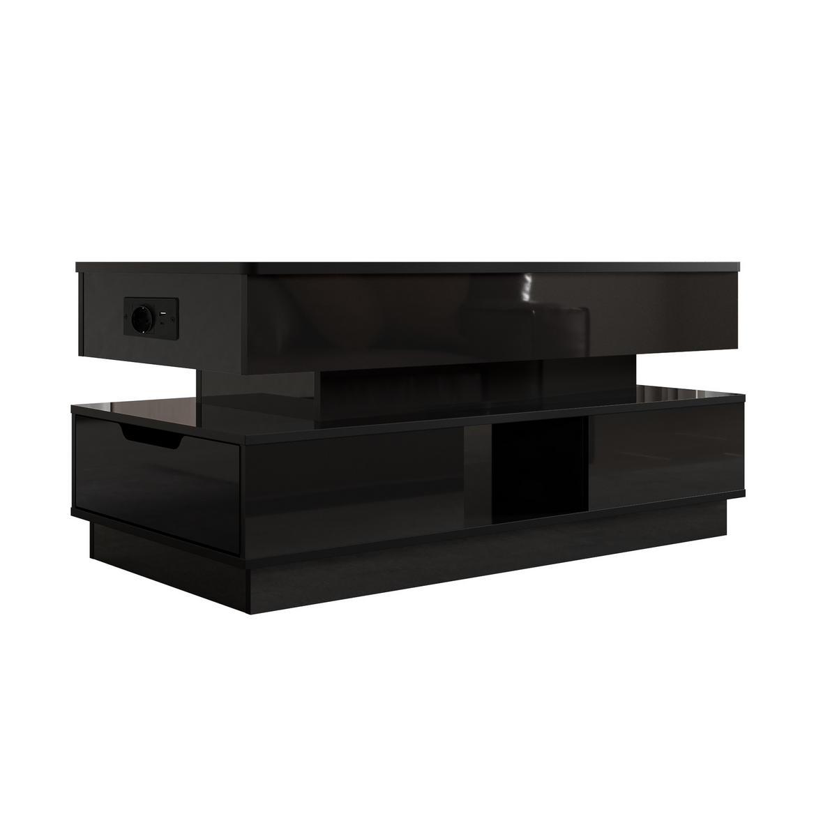 COUCHTISCH Höhenverstellbar Hochglanz mit LED, Lift-Funktion und Stauraum - Schwarz, Holzwerkstoff (90/48/42.5cm) - Korfee