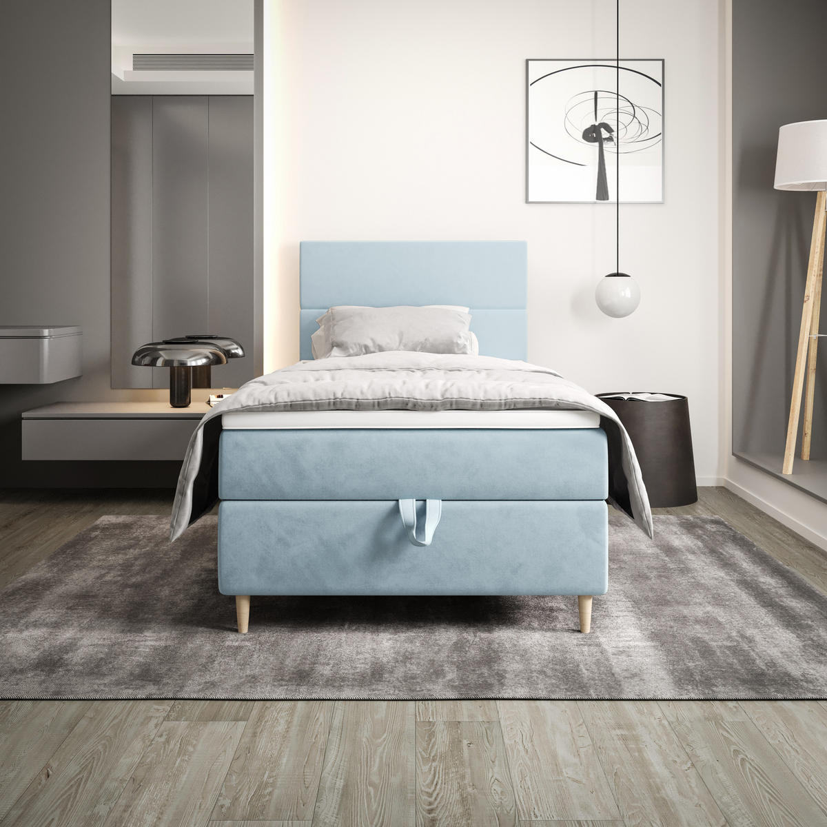 BOXBETT FLO 90x200 Itaka 13, mit Matratze H3, Bonell und Topper, Hellblau - Hellblau, Holz/Textil (90/200cm) - Bedante