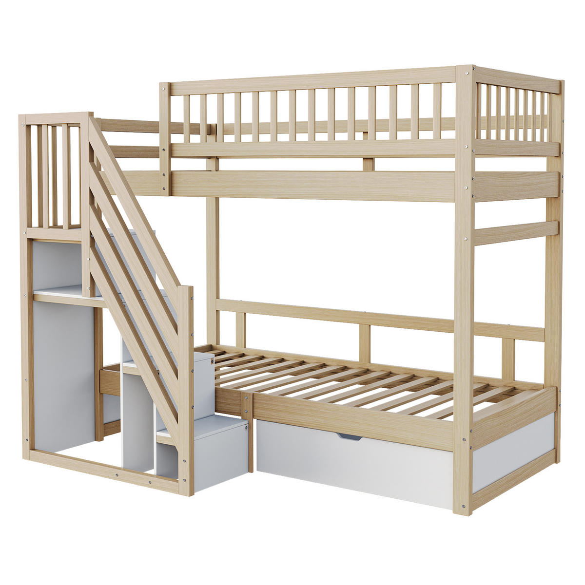 ETAGENBETT 90/200 cm aus Massivholz mit Stauraumtreppe und Schublade Naturfarben/Weiß - Naturfarben, Holz (90/200cm) - Modenvie