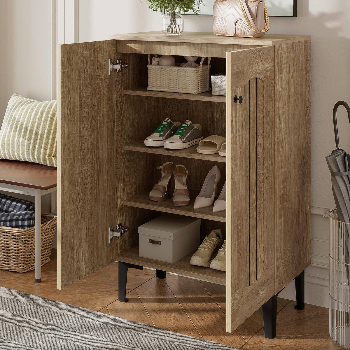 SCHUHSCHRANK 60/31,5/95 cm mit Doppeltüren, festen Einlegeböden aus Spanplatte, Holzfarbe - Eichefarben, Holzwerkstoff (60/95/31.5cm) - Redom