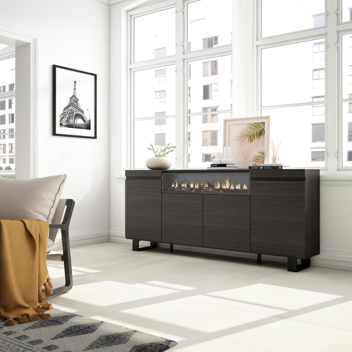 SIDEBOARD Elektrokamin, schwarz, 200/35/87cm - Schwarz, Holzwerkstoff (200/87/35cm) - Skraut Home