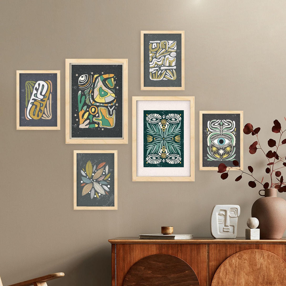POSTER Set Mit 6 Drucken Von Augen In Der Sammlung Von Ethnischenen Ästhetische Dekorative Für Zuhause Wandkunstdruck A3 & A4 Rahmen Aus Hellem Holz - Beige, Papier (29/3cm) - Nacnic